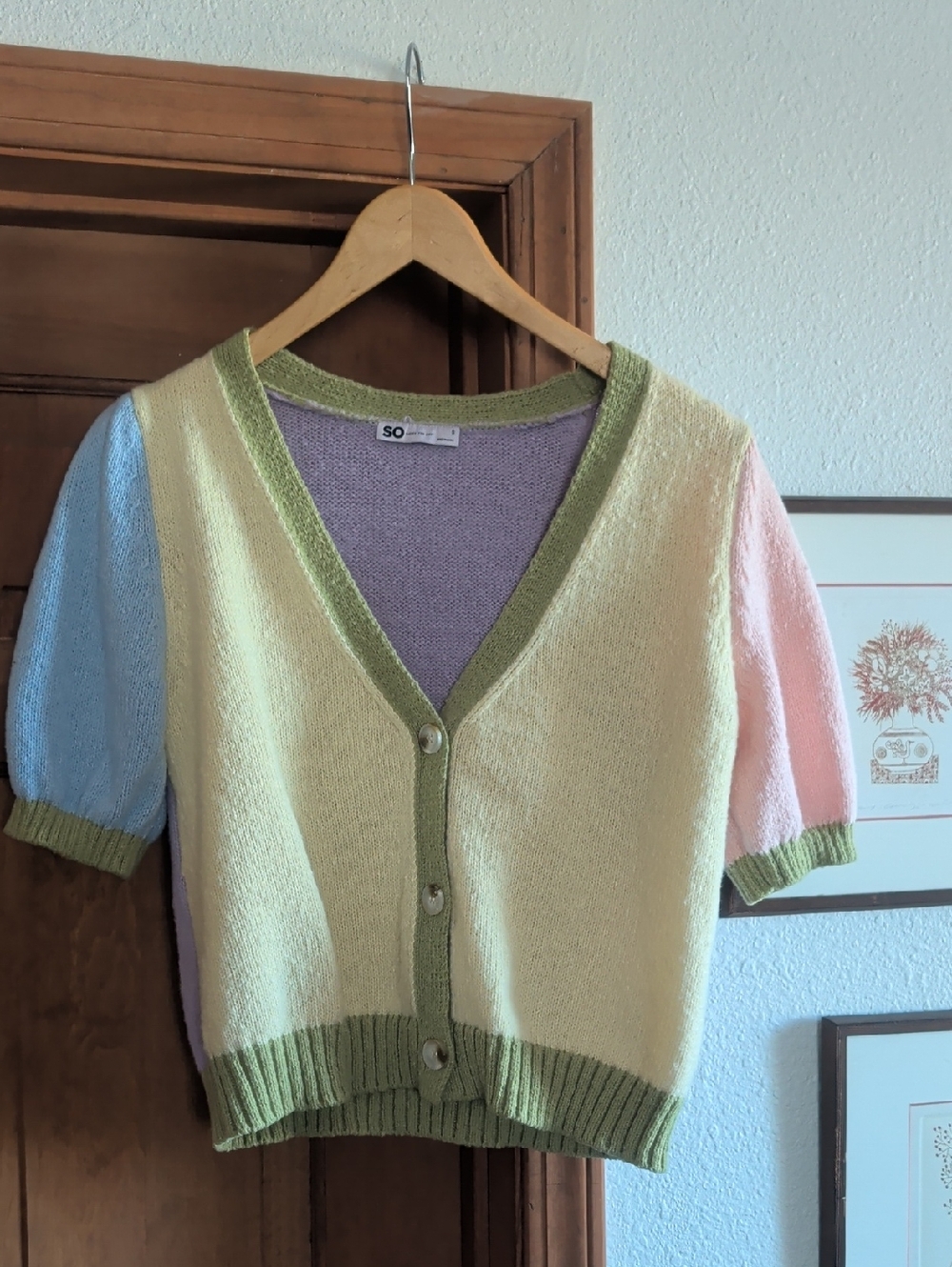 SO Pastel Colorblock Short Sleeve Cardigan - Green, Yellow, Pink, Blue, Purple